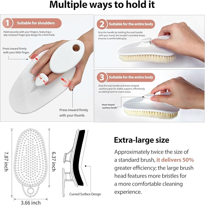 Shower Brush for Body, Extra-Large Bath Brush with Ergonomic Curved Design, Soft-Medium Bristles for Gentle Exfoliation & Full-Body Cleansing, Comfortable Short Handle for Men & Women