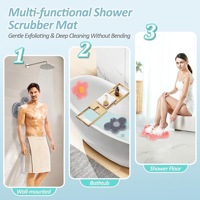 New Silicone Shower Foot Scrubber Mat, Large Wall-Mounted Back Scrubber Back Washer with Long Bristles & Powerful Suction Cups, Easy to Clean Exfoliate and Massage Without Bending(Gray)
