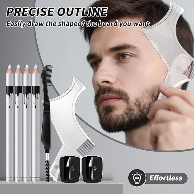 Ponhey 12Pcs Barber Pencil with 2 Sharpener 1 Sharpener Ruler Brush, White Magic Hairline Pencils for Lineup Beard Shaping Beard Guide Pen Barber Chalk for Beards Hair Makeup Design for Men
