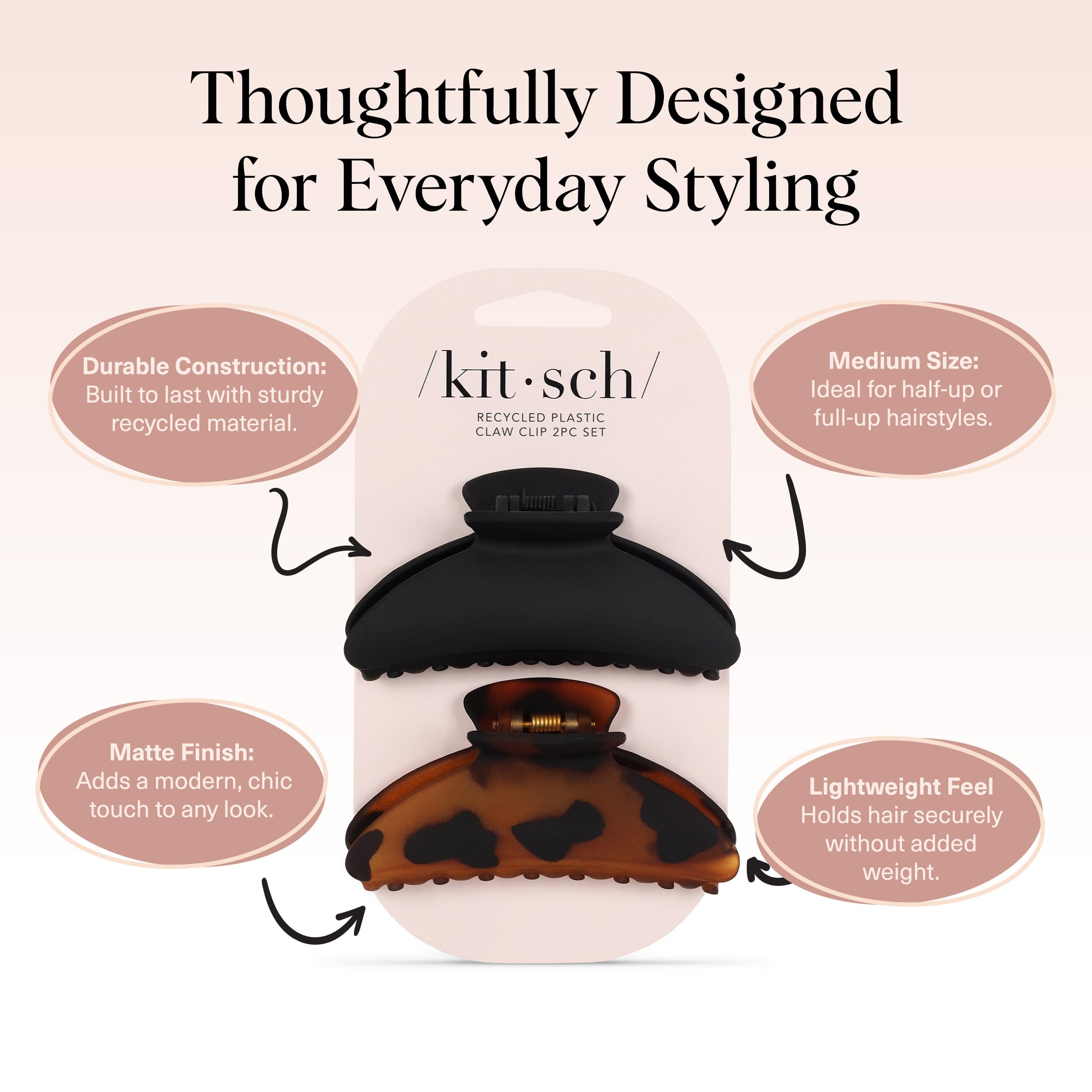 Kitsch Medium Hair Clips for Women, Strong Hold, Recycled Plastic Claw Clips for Thick Hair | Great for Updo, Half Up Hairstyle - 2pcs, Black and Tort