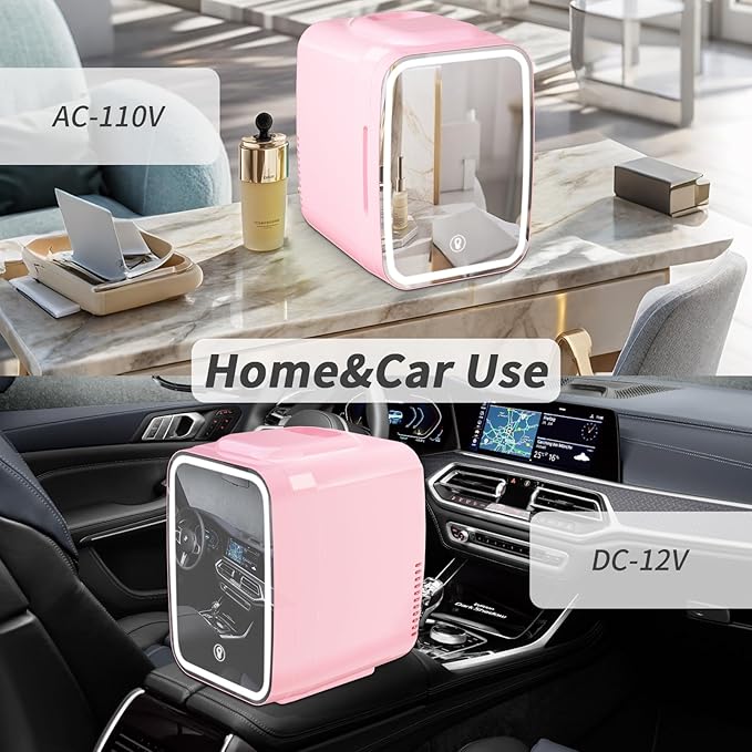YASHE Skincare Fridge Mini Fridge for Bedroom with Dimmable LED Mirror, 4Liter/6 Cans Cooler and Warmer for Makeup, Cosmetic, Beauty, Portable Refrigerator for Bedroom, Vanity, Office and Car- Pink