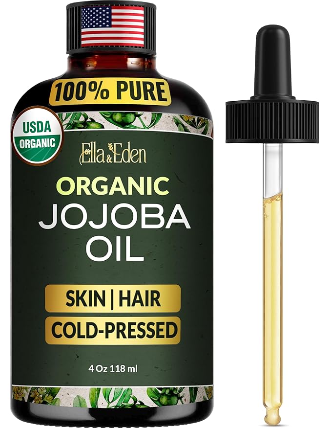 Ella & Eden Organic Jojoba Oil – USDA Certified, Cold-Pressed, 100% Pure & Unrefined, Hexane-Free Oil for Face, Skin, Hair & Nails – 4 Fl Oz Glass Bottle