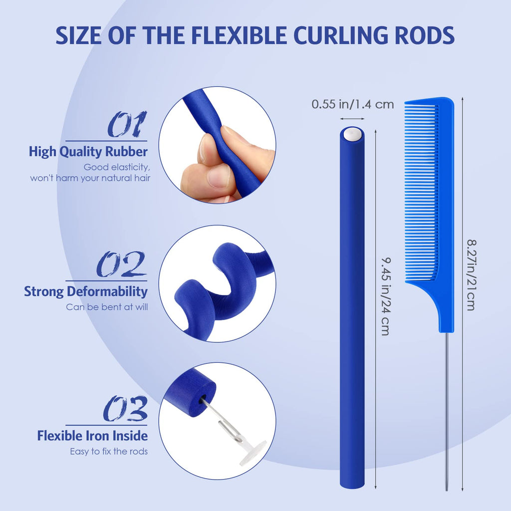 Syhood 30 Pcs Flexible Curling Rods 9.45 Twist Foam Rollers Soft Foam No Heat Hair Rods Rollers and 1 Steel Pintail Comb Rat Tail Comb for Women Long Short Hair(Dark Blue,9.45 x 0.55 Inch)
