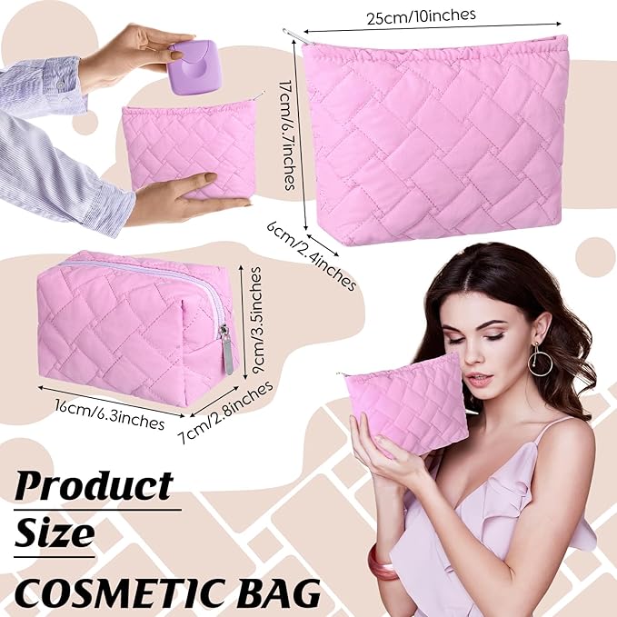 2 Pc Makeup Bag Set Cute Quilted Cosmetic Pouch for Women Travel Toiletry Bag Preppy Small Makeup Purse Pouch Skincare Brushes Storage Organizer Pencil Case Set(Knitted,Quilted,Rose Pink)