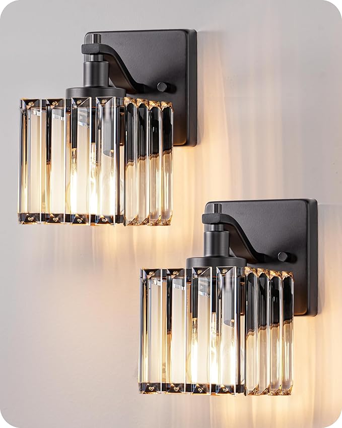 EDISHINE Hardwired Black Crystal Wall Sconces Set of 2, Modern Vanity Light