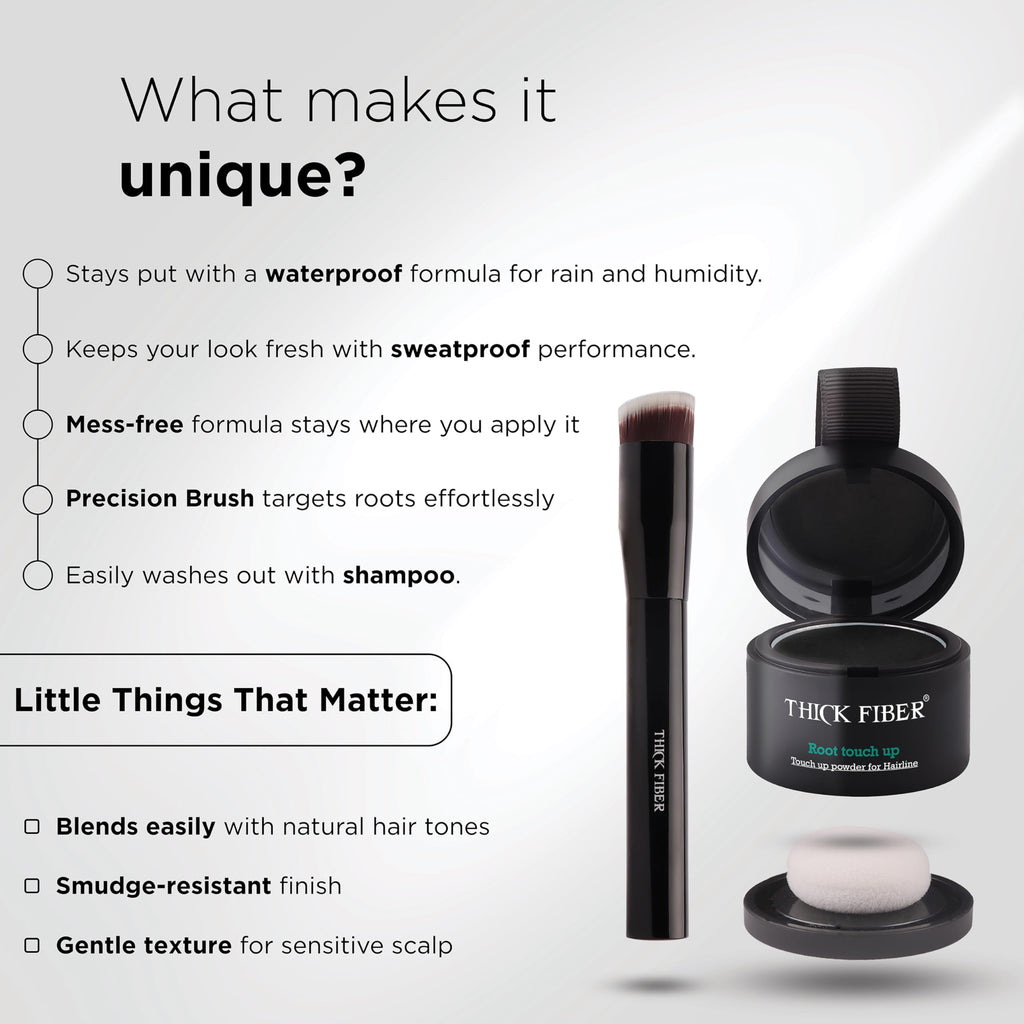 THICK FIBER Root Touch Up Powder - Water & Sweat Resistant Hair Loss Concealer Set for Thinning Hair Women, Includes Brush (Black)