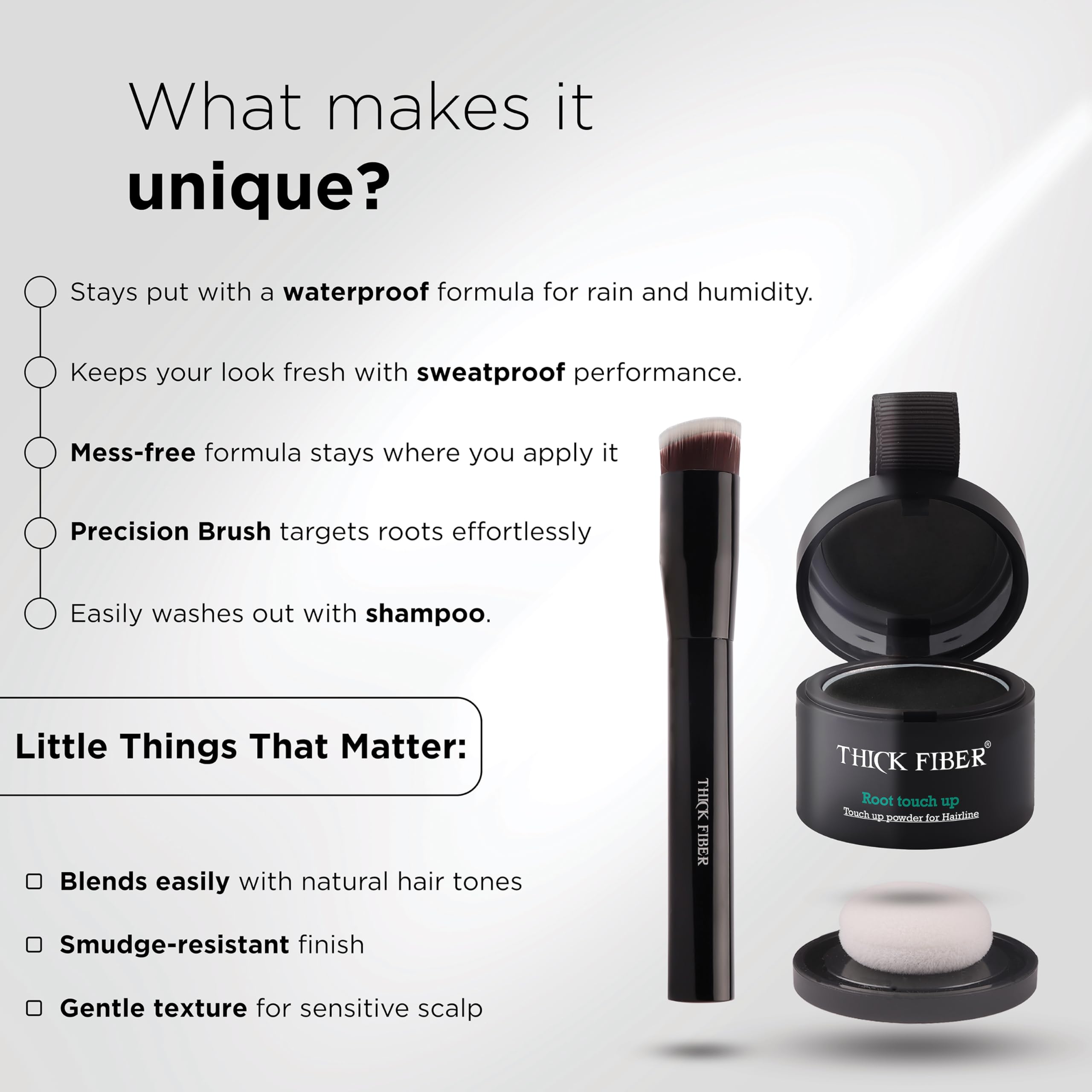 THICK FIBER Root Touch Up Powder - Water & Sweat Resistant Hair Loss Concealer Set for Thinning Hair Women, Includes Brush (Black)