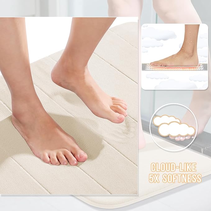 Yimobra U-Shaped Toilet Bath Mat Set 2 Piece - Soft Absorbent Quick Dry Memory Foam Bathroom Rugs, Machine Washable Non Slip Floor Carpet for Tub Shower & Single Sink (17x24 & 24x20, Cream White)