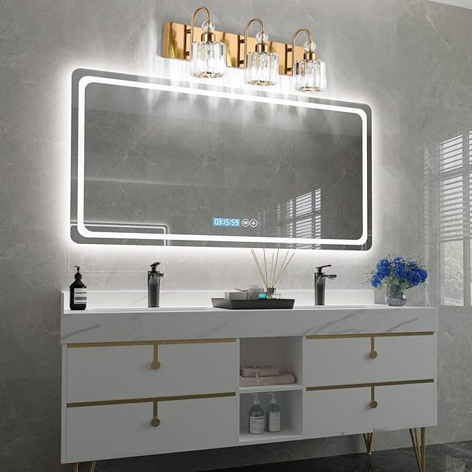 Ralbay Brass Gold Bathroom Vanity Lights 3-Lights Brass Gold Crystal Vanity Lights Over Mirror Modern Crystal Brass Gold Bathroom Vanity Lighting Fixtures
