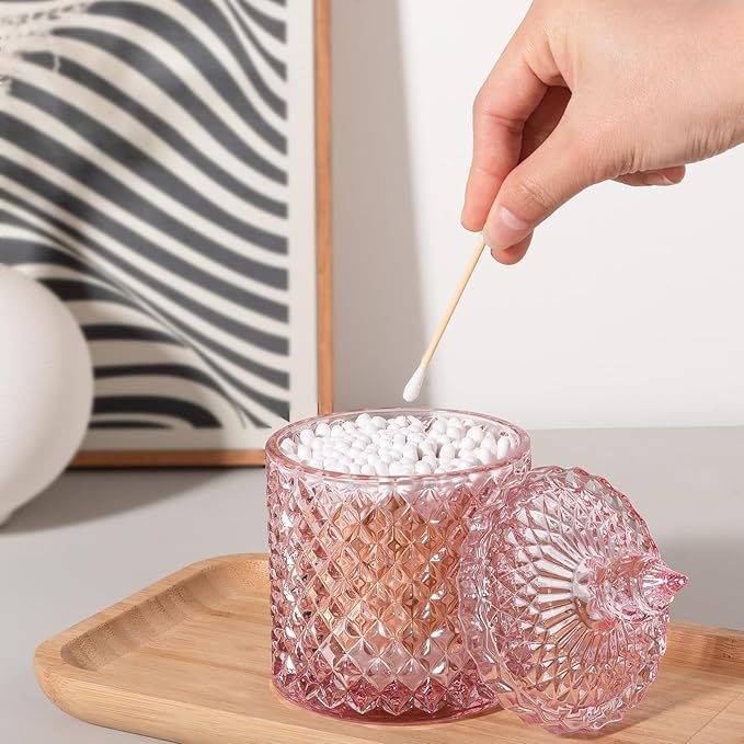 2 Pack Qtip Holder Apothecary Jars with Lid, Thick Glass, Pink