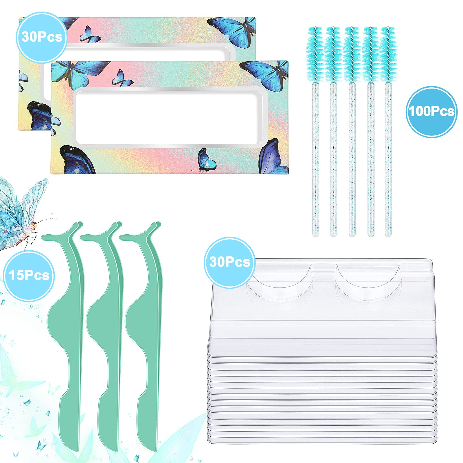 175 Pieces Lash Packaging Wholesale, Include 30 Empty Eyelashes Packaging Box, 30 False Lash Trays, 15 Eyelash Tweezers and 100 Eyelash Brush Mascara Wands Disposable (Green)