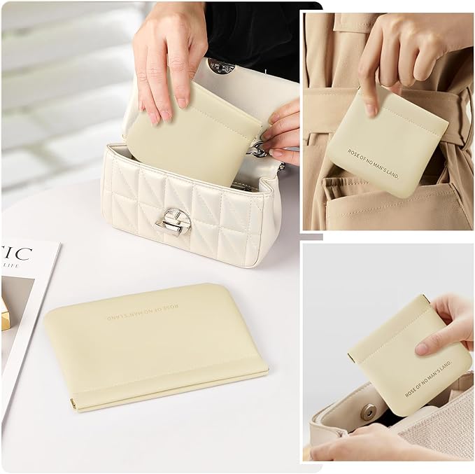 MEIBOOCH 2 Pack Small Makeup Bag for Women, New Organosilicon Super Fiber PU Leather Mini Cosmetic Bag for Travel, Coin Purse Organizer Storage Pouch (Printed with Phrase, Beige)