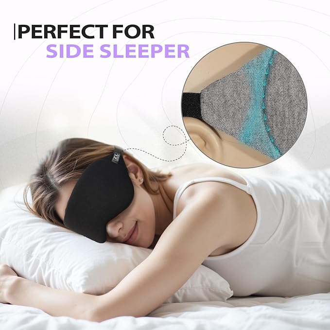 ZLZQER Cool Touch Cotton Eye Sleep Mask for Men & Women, Soft Breathable Flexible Fit for Side Sleepers, Adjustable Light Blocking Mask for Sleeping, Airplane Travel & Naps (Black)