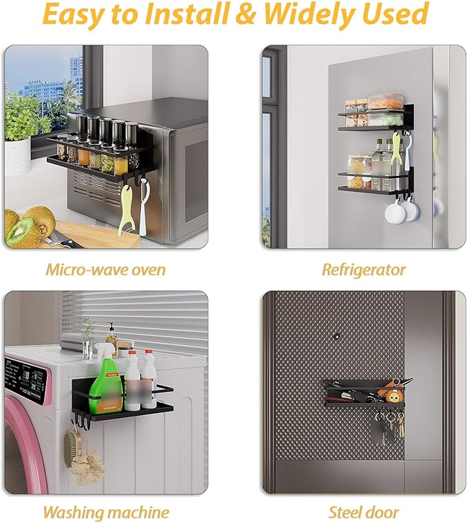 KMUZAWN Magnetic Spice Rack for Refrigerator, 2 Pack Magnetic Shelf, Fridge Magnet Organizer with Moveable 6 Hooks, Magnetic Fridge Shelf for Kitchen Organization and Storage(Black, 2 Pack)