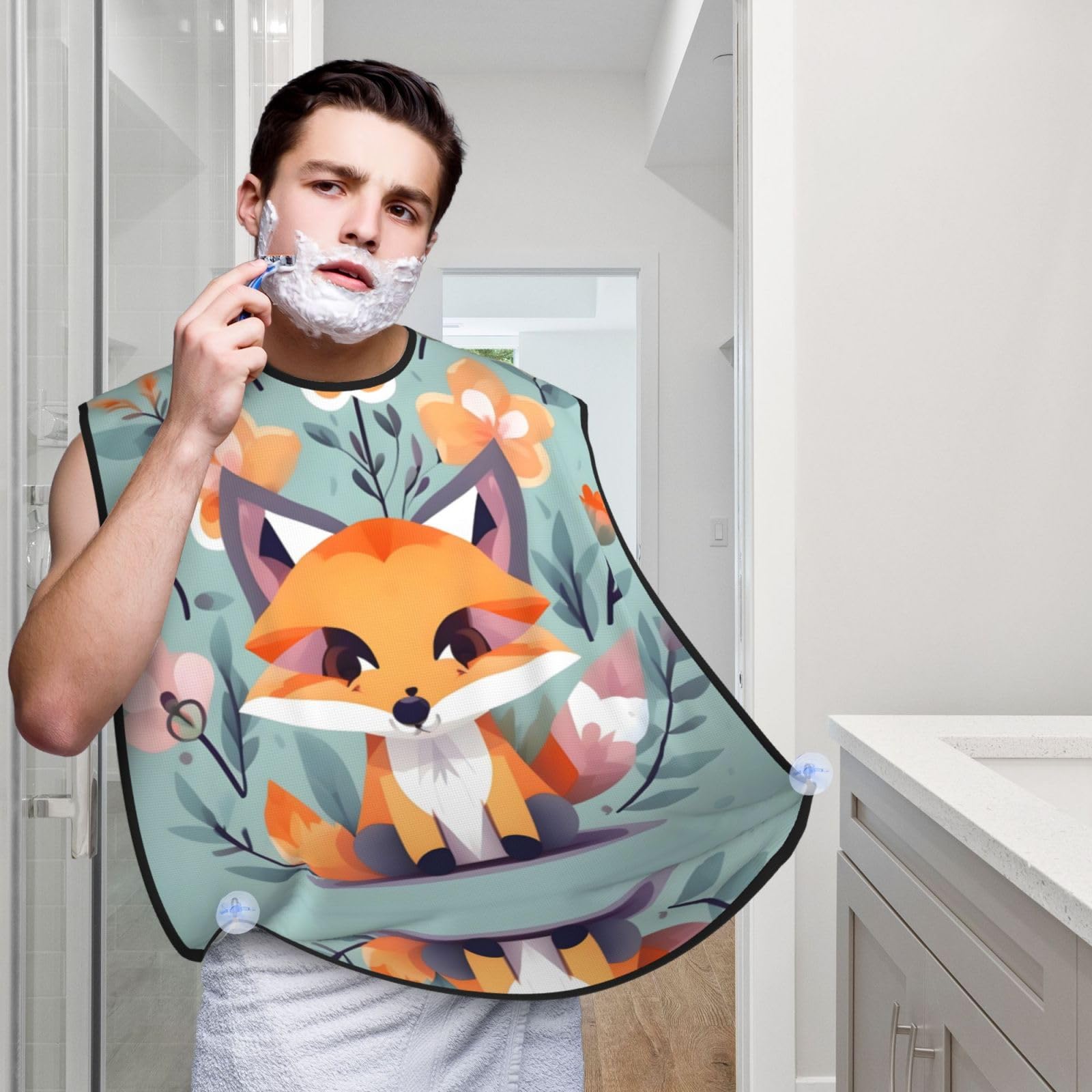 YQxwJL Cute Animal Fox Flowers Print Beard Bib Shaving Apron, Beard Hair Trimming Cape Gift For Dad