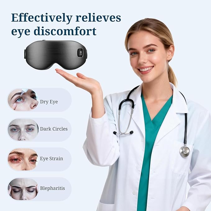 100% Silk Wireless Heated Eye Mask with Cooling, Relieves Dry Eye Syndrome and Puffy, Reduces Dark Circles, Adjustable Velcro Design and Washable Cover, Suitable for Travel & Gifts-Black.