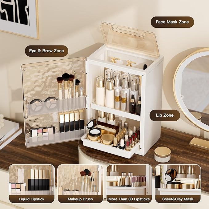 AERCIINC Makeup Organizer with Drawers and Lid, Large Skincare Organizer for Vanity, Dustproof Cosmetic Organizer and Makeup Storage Box with Brush Holder for Dresser, Bathroom Countertop