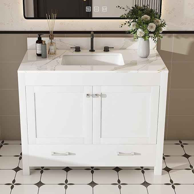 Montary 42" Bathroom Vanity with 43" Sintered Stone Carrara Gold Top, Modern Stylish MDF Bathroom Storage Cabinet, Vanity Set with 2 Doors and One Large Divided Drawer, White (Three Holes)