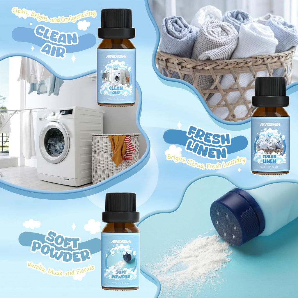 ARVIDSSON Clean Essential Oils Set, Natural Fragrance Oil for Diffuser, Soap Making - Fresh Linen, Clean Home, Fresh Cotton, Soft Powder, Blossom Soap, Lemongrass, Refreshing Scented Oils for Home