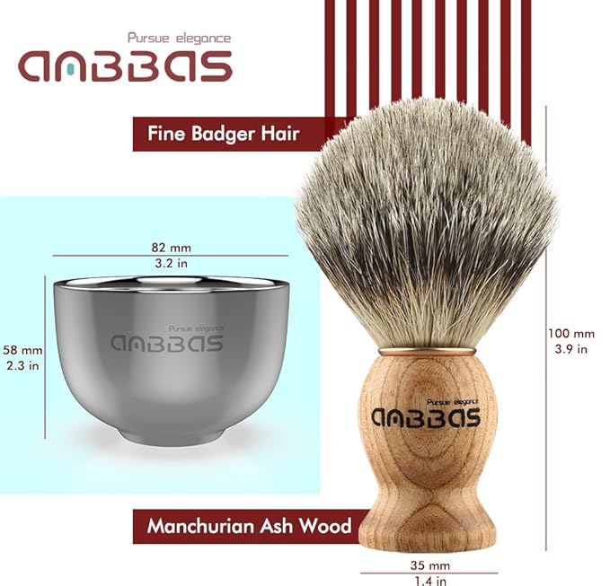 Anbbas Badger Hair Shaving Brush with Wooden Handle Stainless Steel Shaving Stand and Shaving Soap Bowl for Men Wet Shave