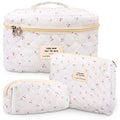 GISMTR 3Pcs Cotton Quilted Makeup Bag Large Travel Cosmetic Bag Coquette Makeup Pouch Cute Aesthetic Floral Toiletry Bag for Women Girls (cherry-B)