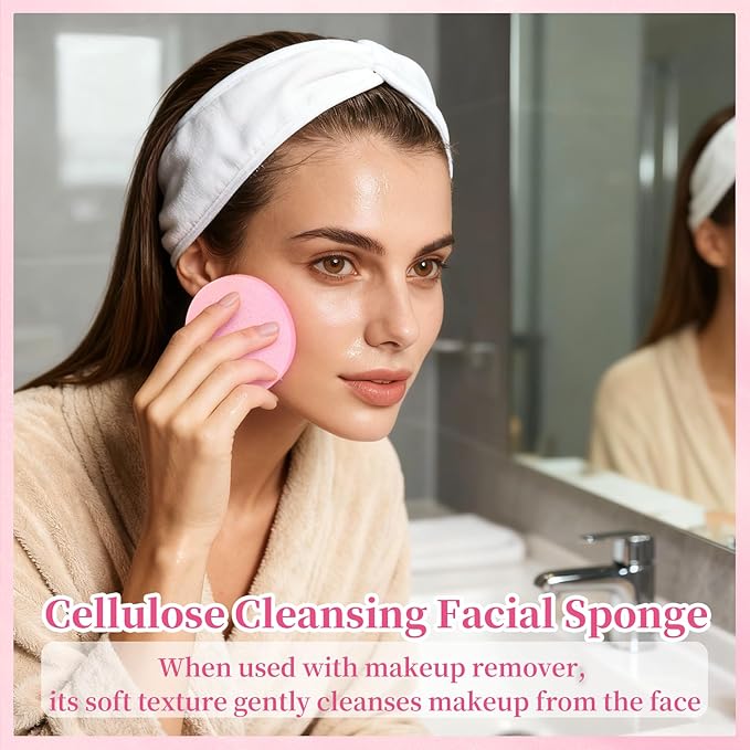 RAQEHO 60pcs Compressed Facial Sponges - Round Face Sponge Disposable Travel Facial Cleansing Pads Makeup Sponge for Face Wash Exfoliating Remover Skin Care Beauty Tool Esthetician Essential（Pink）