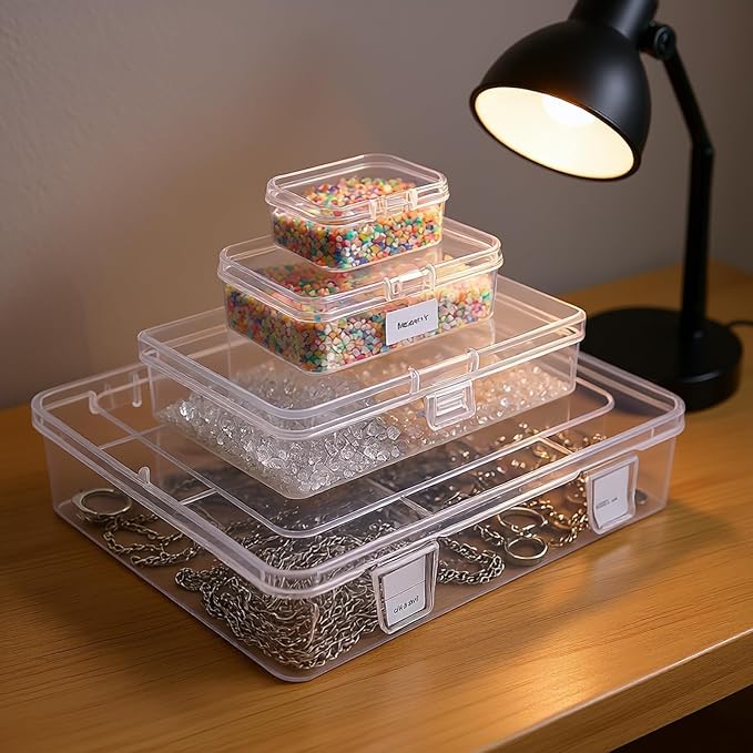 28 Pack Rectangular Clear Plastic Storage Containers Box with Hinged Lid for Beads and Other Small Craft Items (Mixed Sizes 1)