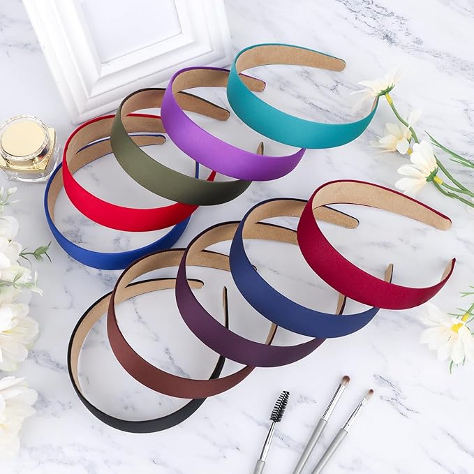 Wecoe 10 Pack Satin Headbands 1 Inch Wide Red Black Green Purple Brown Blue Headband Women Girls Non Slip Fashion Hair Bands Diy Costume Hair Accessories Women Girls Diademas Coreanas Para Mujer