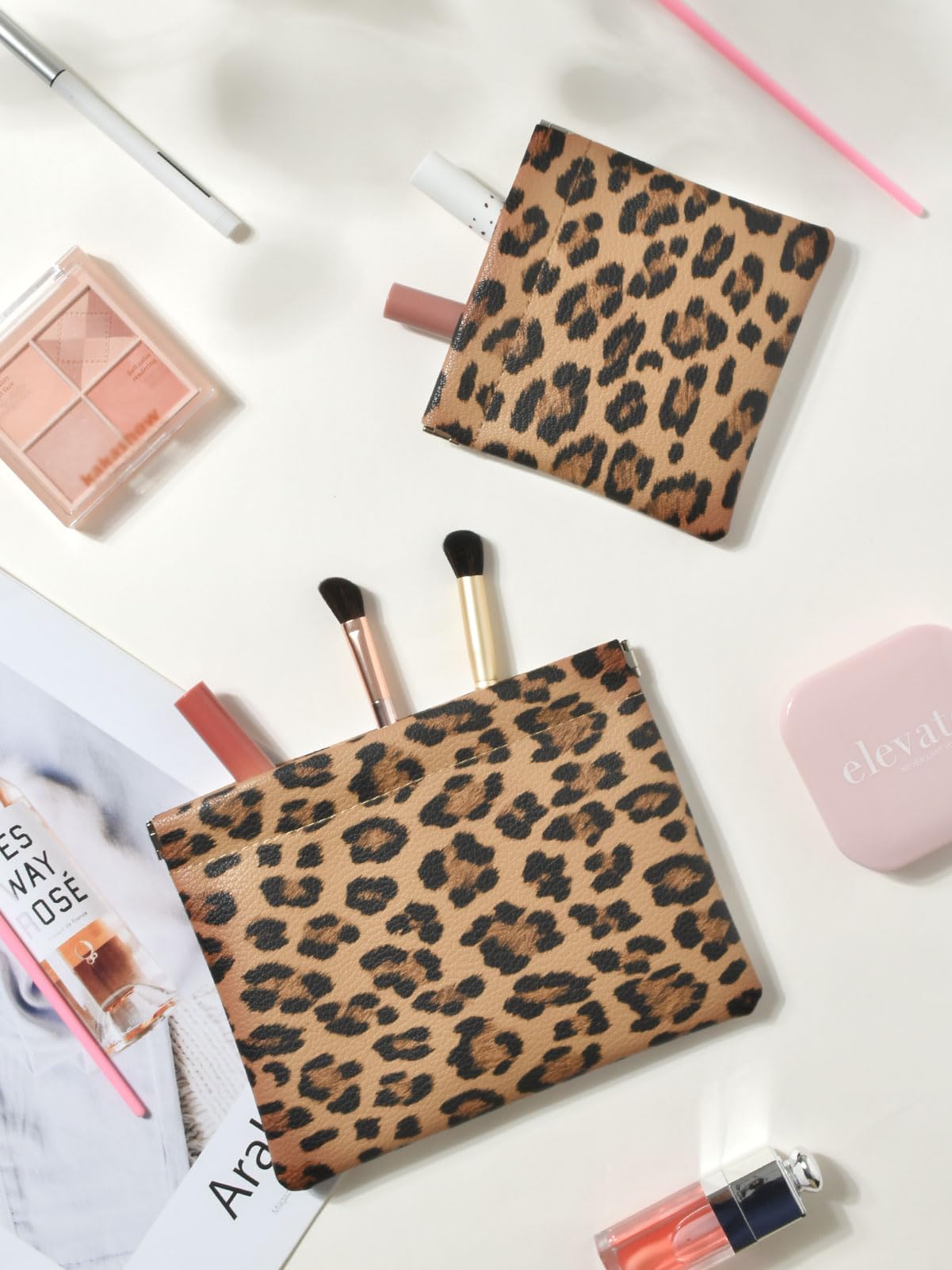 Ksriylm 2 Leopard Leather Small Makeup Pouches Set for Women,Cosmetic Accessories,Waterproof and Portable Cosmetic Bags,Self-closing,No Zipper, Aesthetic Storage Pouch,Lipstick for Purse, Brown