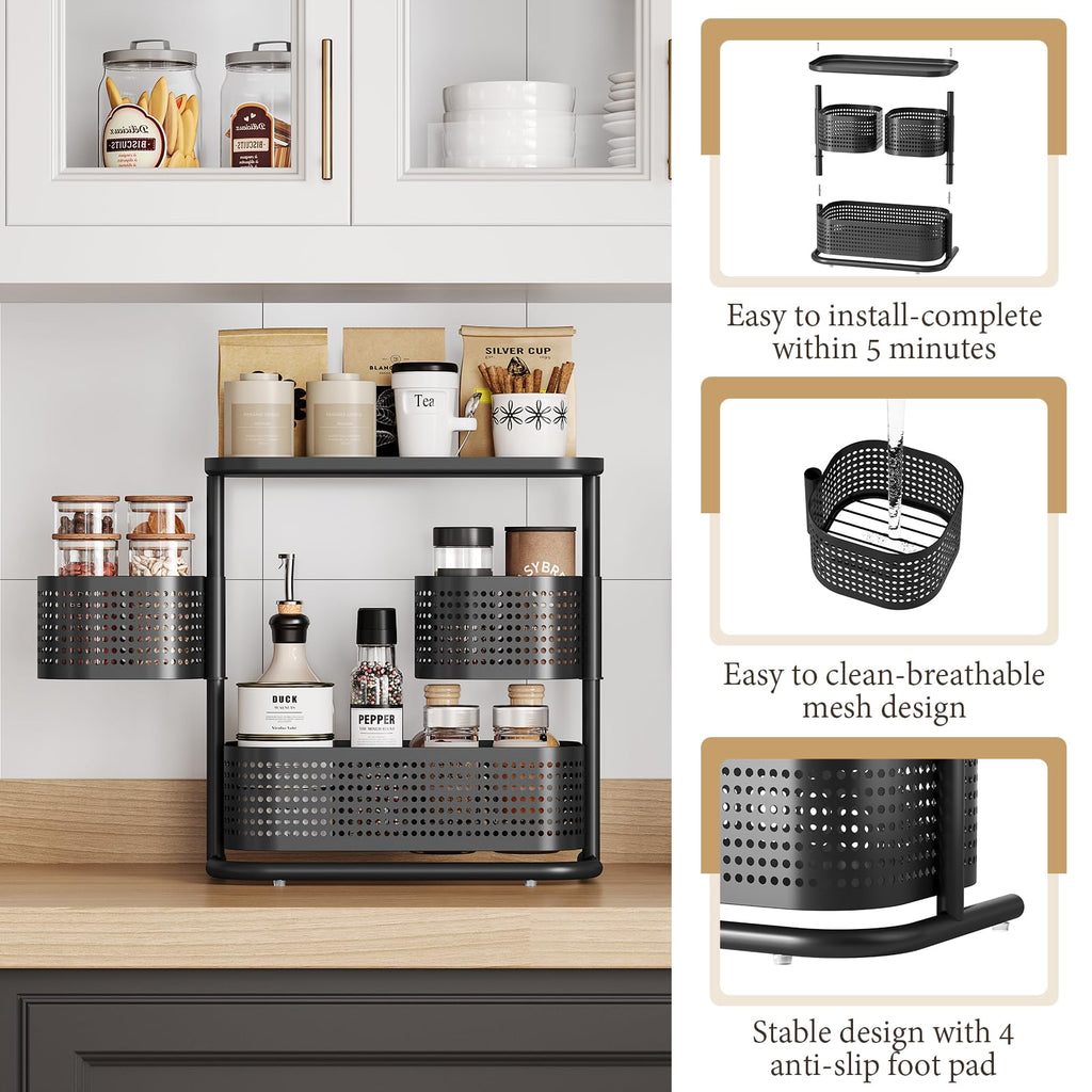 KINGRACK Metal Bathroom Counter Organizer，Rotating Countertop Storage Shelf | 3 Tier, Cosmetic Holder for Skincare & Makeup, Kitchen Spice Rack, Bedroom Nightstand Organizer, Black