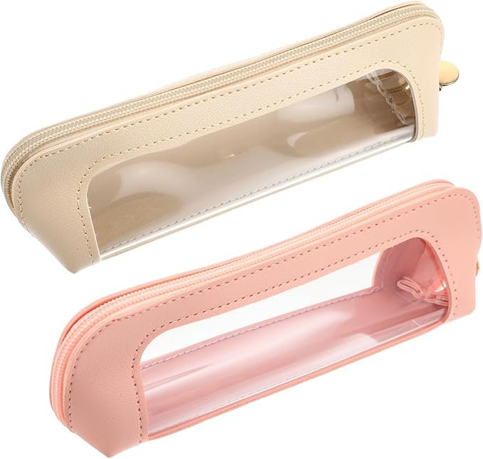 Kifmurase 2Pcs Clear Makeup Brush Bag, Leather Slim Makeup Case, Portable Transparent Waterproof Cosmetic Pouch with Zipper, Double Sided Clear Bag for Women Travel Storage (White, Pink)