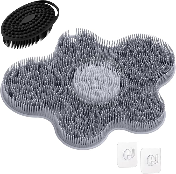 Upgrade Silicone Shower Foot Scrubber Mat & Silicone Bath Brush Set, Large Wall-Mounted Back Scrubber Back Washer to Clean, Exfoliate and Massage Without Bending(Gray+Soft Brush)