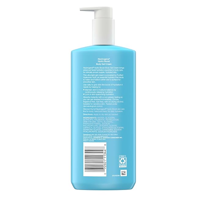 Neutrogena Hydro Boost Body Lotion for Dry Skin Gel Cream with Hyaluronic Acid Moisturizer, Fragrance-Free Non-Greasy Lightweight Hydration, Oil-Free, 16 fl oz