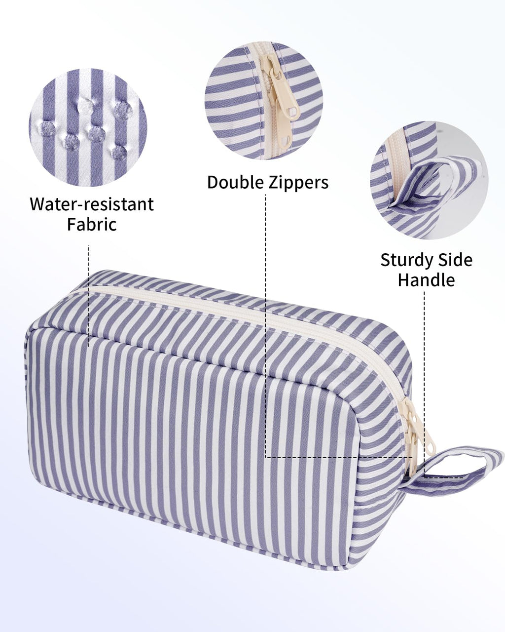 Narwey Cute Makeup Bag Small Toiletry Bag Travel Cosmetic Bag Organizer Make Up Bags with Organized Pockets for Women (Greyish Blue Stripe, Large)