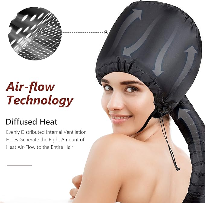 Safety Portable Hair Dryer Bonnet Attachment for Hair Styling, Adjustable Chin Strap and Side Fitting Drawstring Hood Dryers for Hair Home