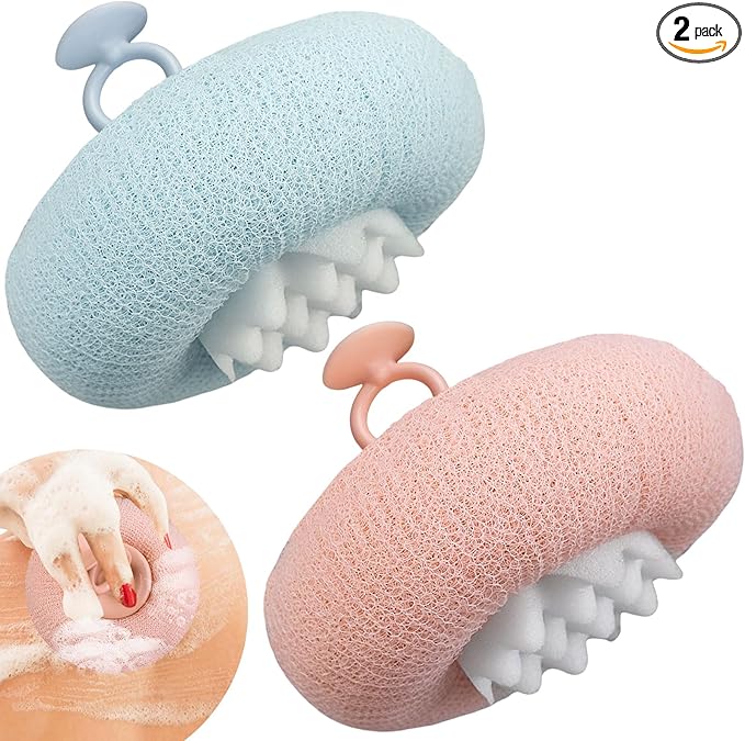 FWUNYVN 2Pcs Upgrade 2-in-1 Sunflower Bath Ball,Super Soft Sunflower Suction Cup Bath Ball，Bath Loofah with Suction Cup, Exfoliating Bath Sponges for Shower Women Men(Beige+Purple)