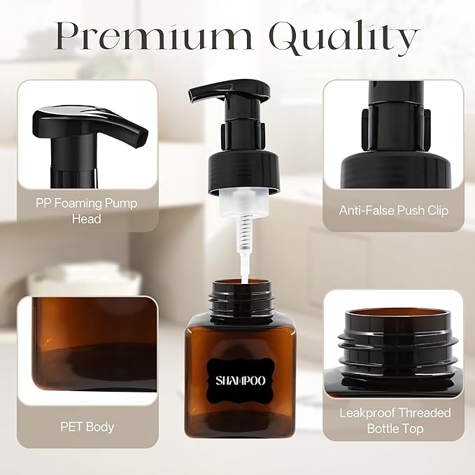 30 PCS 8.5 oz Foaming Soap Dispenser Plastic Foaming Pump Bottle, Refillable Dispenser with Plastic Pump, Empty Hand Bottles for Liquid Soap, Shampoo, Bathroom,Hotel,Restaurant (30, Brown)