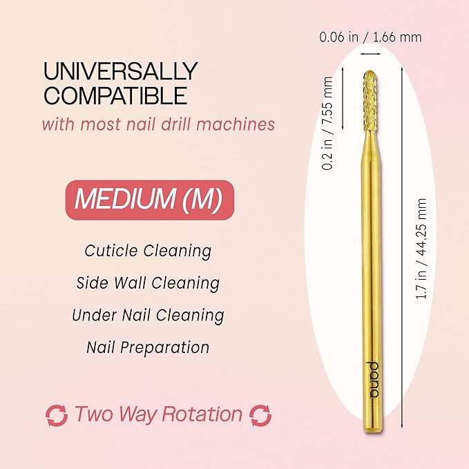 PANA 3/32" Carbide Cuticle Nail Drill Bit for Cuticle Cleaning, Dead Skin Removal, Gel Polish & Acrylic Removal, Under Nail Cleaner, Nail Salon, Manicure Tools (Round Bit - Gold, Medium)