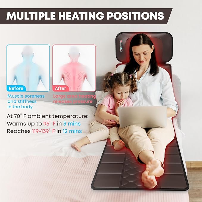 DOPICT Massage Mat, Detachable Neck Massager, Full Body Vibration Heating, Massage Pad with 10 Vibrating Motors and 9 Speed Settings for Home Office Use, Gift for Men Women Parents,Brown
