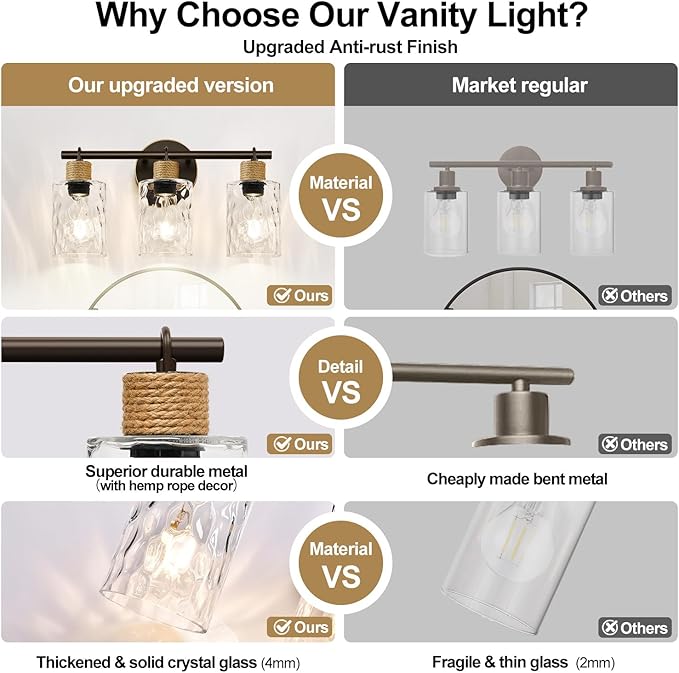 Bathroom Light Fixtures, 3-Light Coastal Vanity Lights with Crystal Glass Shade, Oil-Rubbed Bronze Bathroom Wall Lamp for Mirror Kitchen Hallway Cabinet