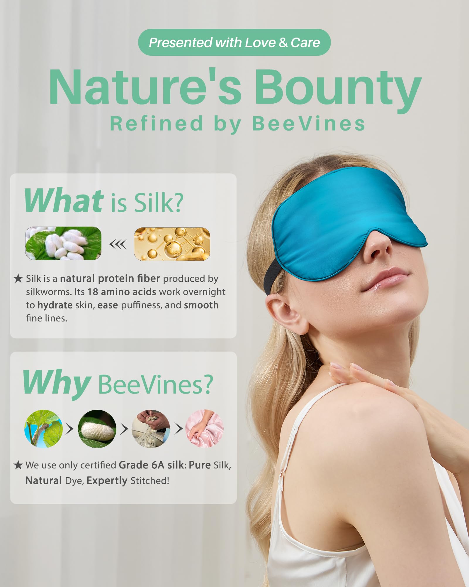 BeeVines 100% Real Mulberry Silk 2 Pack Sleep Mask, Pure Silk Eye Masks with Adjustable Strap for Sleeping, Block Light Eye Shade Cover, Reduces Puffy Eyes Traveling Gifts(Black & Peacock Blue)
