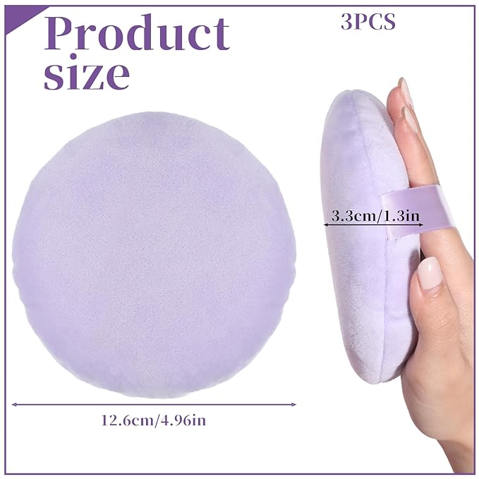 3 Pcs Large Body Powder, 5 Inch Soft Velour Dusting Powder, Washable Reusable for Face Cleaning, Makeup & Loose, Bath Powders, Foundation Blending