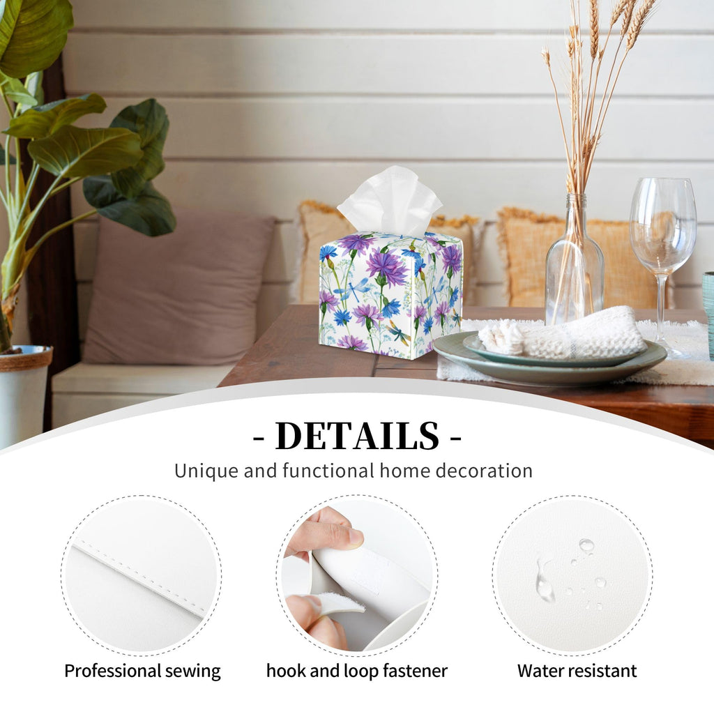 Watercolor Flowers and Dragonflies Tissue Box Cover Square,Purple Blue Floral Tissue Box Holder Waterproof Leather Facial Paper Organizer Dispenser for Bathroom Home Car Nightstand Vanity Desk