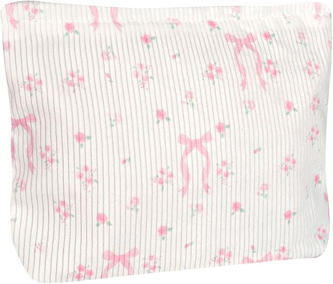 Ksriylm Cute Makeup Pouch for Women Flower Small Make Up Bag for Purse Zipper Initial Cosmetic Bags Pouches for Purse Aesthetic Travel Toiletrybags,Pink Bow Rose Floral