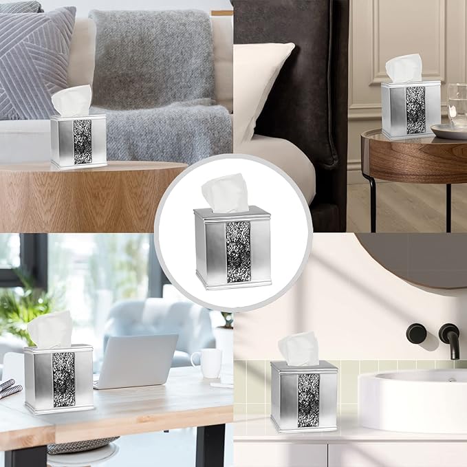 Zahari Home 2pc Sinatra Silver Modern Bath Accessories Set Waste Basket & Tissue Box Modern Classic Contemporary Decorative Beautiful Designs Bathroom Decor Set for Home Mosaic Glass