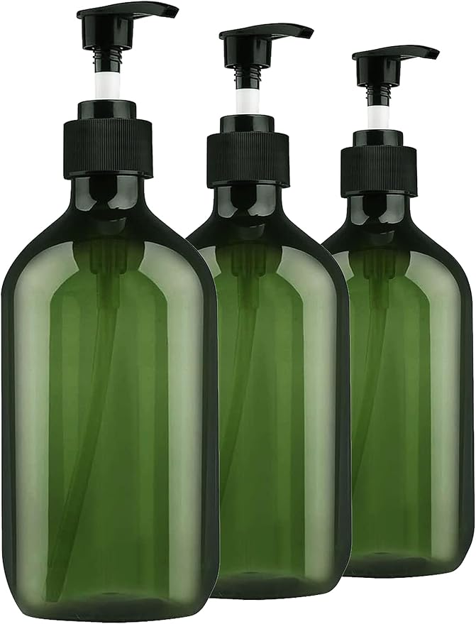 Empty Plastic Bottles with Pump Dispenser, 500ml/16.9oz (Green, 3 Pack)