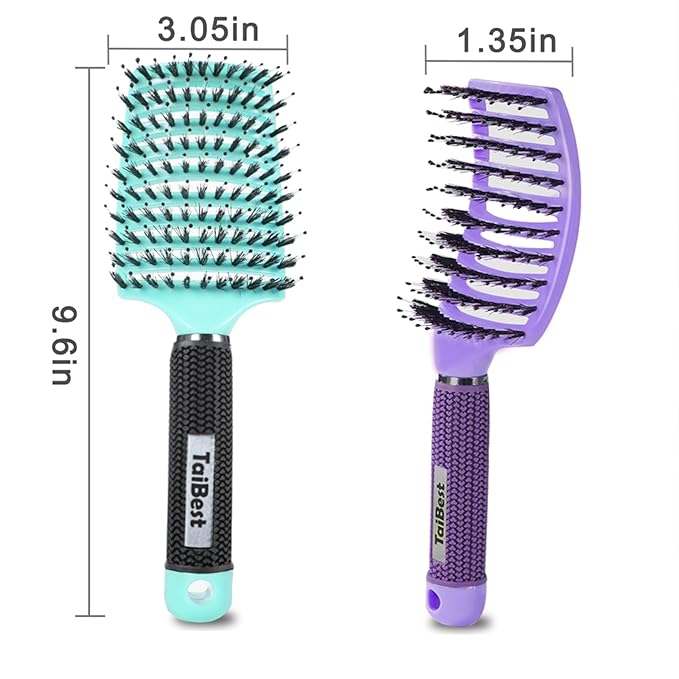 TaiBest Boar Bristle Hair Brush Set - Dry/Wet Detangler for Fine, Thick, Curly Hair - Curved and Vented Brush for Women, Men or Kids (Purple & Green)