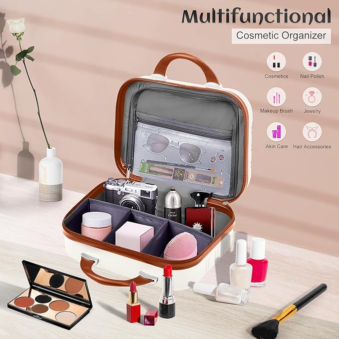 JZRTravel 14 Inch Hard Makeup Train Case PC ABS Portable Cosmetic Travel Case Mini Suitcase Organizer for Make up Toiletries Toys Clothes Storage with Handle Elastic Strap