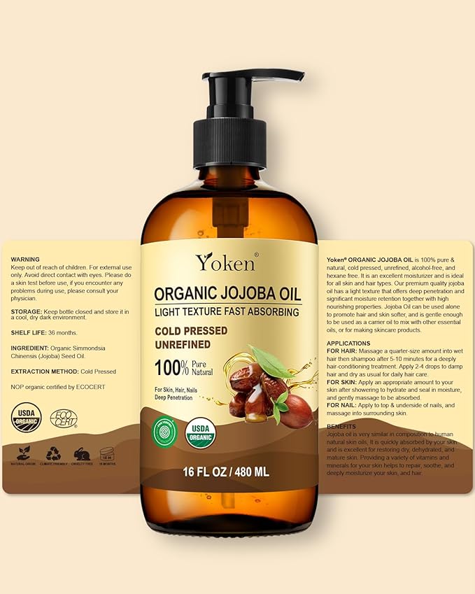 Yoken Organic Jojoba Oil Glass Bottle 16oz, USDA Certified for Skin Care