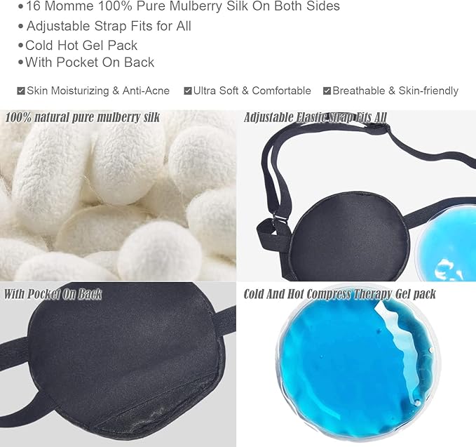 Cooling Eye Patches for Puffy Eyes, Pure Silk Ice Eye Patch, Single Eye Mask, Medical One Eye Cover Cold Hot Therapy Strabismus Lazy Eyes After Surgery Adult Kid Pirate Eyepatch (Black & Black)